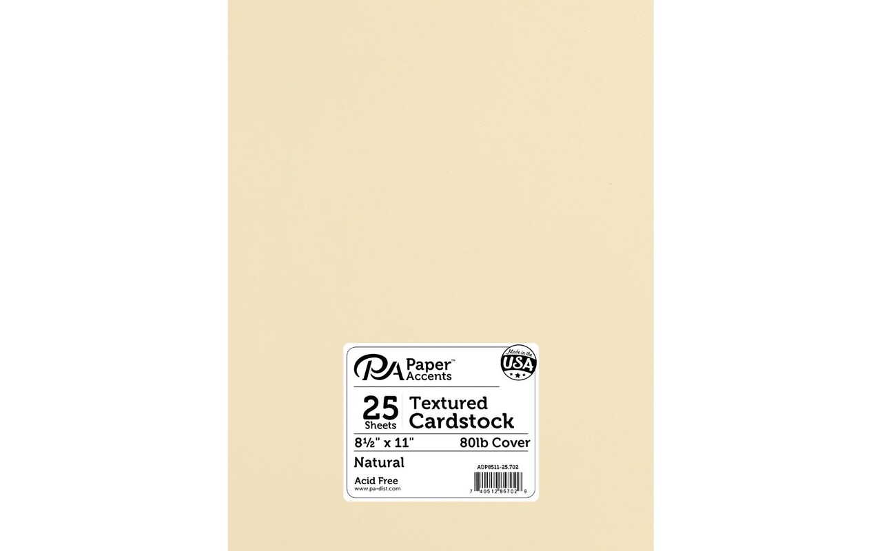 PA Paper Accents Textured Cardstock 8.5" x 11" Natural, 80lb colored cardstock paper for card making, scrapbooking, printing, quilling and crafts, 25 piece pack